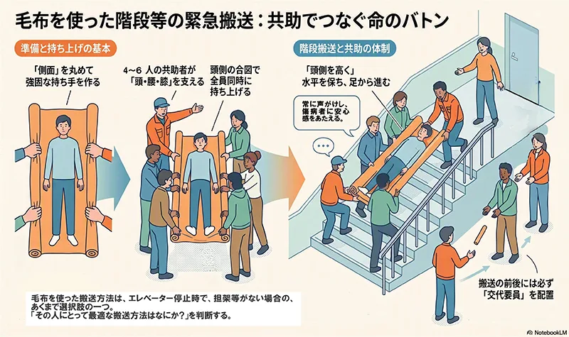 毛布を使った搬送方法は担架のないときに役立ち応急対応です